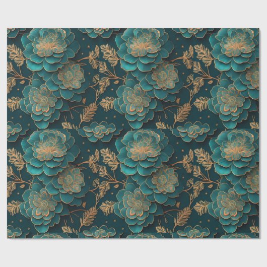 Blauwgroen & Brons Bloemen Verpakkingsdocument Cadeaupapier (Vlak)