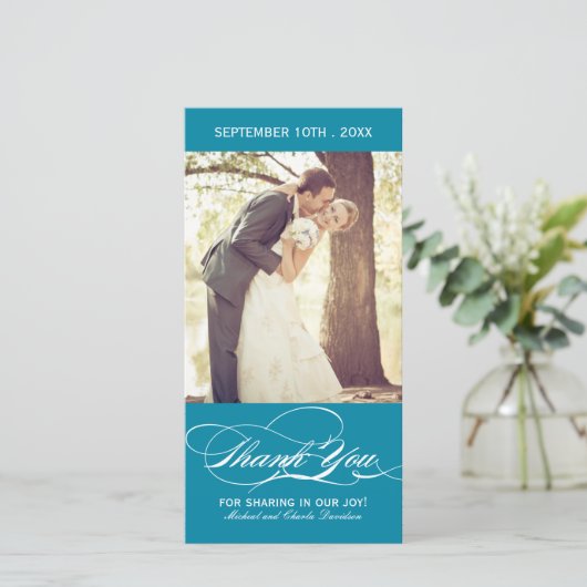 Blauwgroen bruiloft Dank u fotokaart (4x8) Bedankkaart (Staand voorkant)