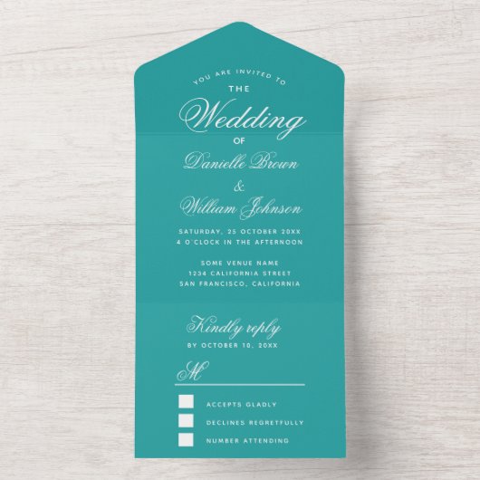 Blauwgroen bruiloft Elegant Script Calligraphy Blu All In One Uitnodiging (Binnen)