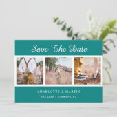 Blauwgroen bruiloft foto collage bewaart de datumk save the date (Staand voorkant)