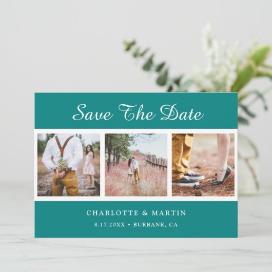 Blauwgroen bruiloft foto collage bewaart de datumk save the date (Staand voorkant)