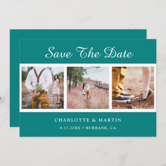 Blauwgroen bruiloft foto collage bewaart de datumk save the date (Voorkant / Achterkant)
