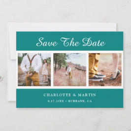 Blauwgroen bruiloft foto collage bewaart de datumk save the date