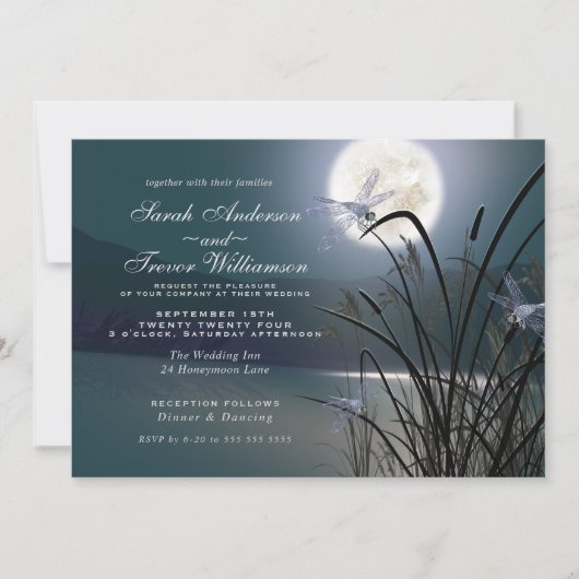 Blauwgroen bruiloft met volle maan dragonfly Pond Kaart (Voorkant)