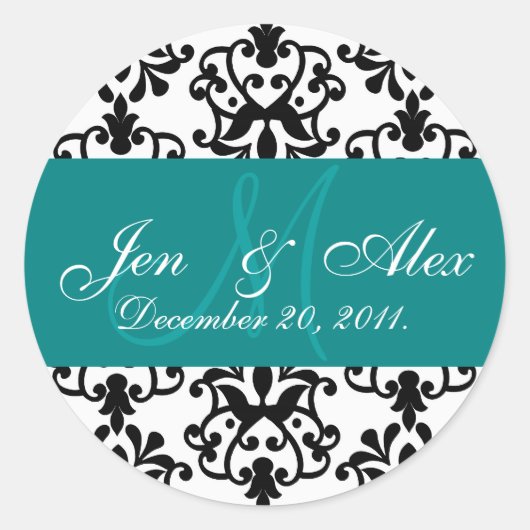 Blauwgroen Bruiloft Monogram Namen Datum Paisley S Ronde Sticker (Voorkant)