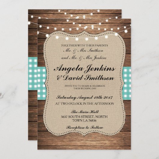 Blauwgroen bruiloft rustieke Burlap Wood Lights Ba Kaart (Voorkant / Achterkant)