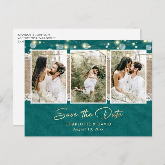 Blauwgroen bruiloft sparen de Datum Foto Briefkaar Aankondigingskaart (Voorkant / Achterkant)