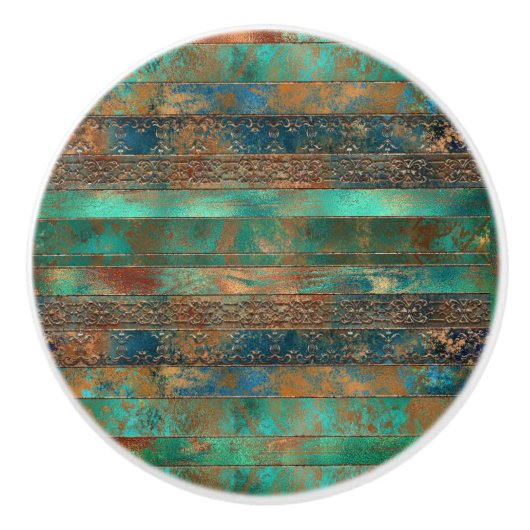 Blauwgroen bruin faux koperen patina geïnspireerd  keramische knop (Voorkant)