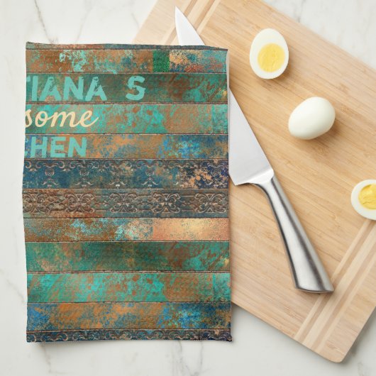 Blauwgroen bruin faux koperen patina geïnspireerd  theedoek (Quarter Fold)