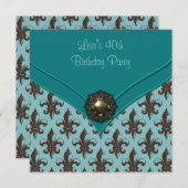Blauwgroen Bruin Fleur de Lis 40ste Verjaardagsfee Kaart (Voorkant / Achterkant)