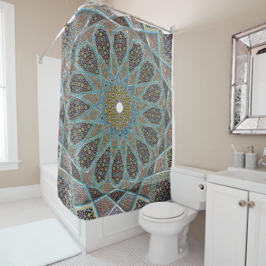 Blauwgroen, bruine en gele florale kaleidolkunst douchegordijn (In situ)