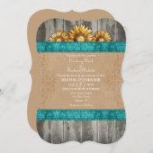 Blauwgroen bruine Rustic Sunflower Wedding Invite Kaart (Voorkant / Achterkant)