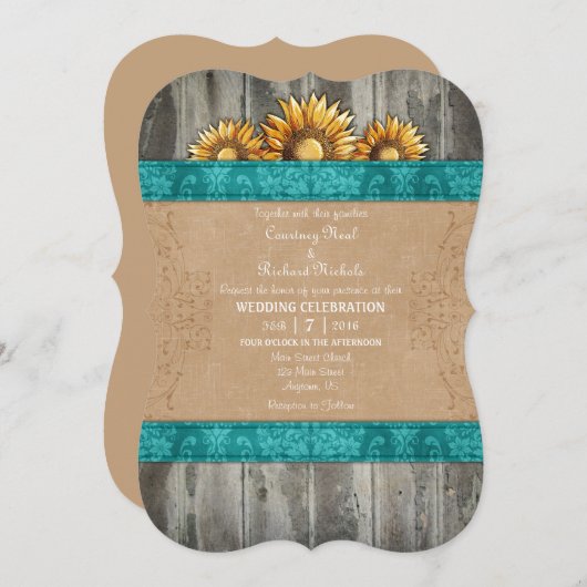 Blauwgroen bruine Rustic Sunflower Wedding Invite Kaart (Voorkant / Achterkant)