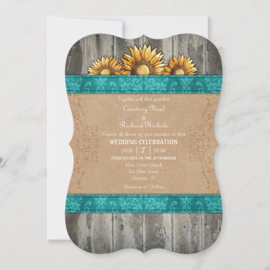 Blauwgroen bruine Rustic Sunflower Wedding Invite Kaart (Voorkant)