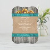 Blauwgroen bruine Rustic Sunflower Wedding Invite Kaart (Staand voorkant)