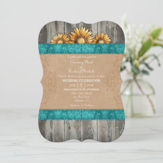 Blauwgroen bruine Rustic Sunflower Wedding Invite Kaart (Staand voorkant)