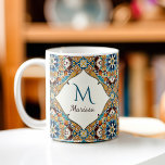 Blauwgroen bruine talavera bruidsmeisjes geschenke koffiemok<br><div class="desc">Blauwgroen Blauw en bruin kleurrijke  Mexicaanse talavera azulejo bruidsmeisjes geschenken gepersonaliseerde naam monogrammed koffie mok geschenken voor haar</div>