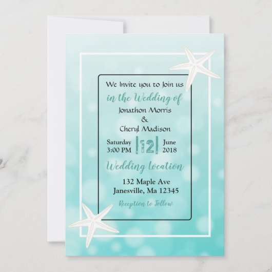Blauwgroen bubbels Staarvis Beach Wedding Invitati Kaart (Voorkant)