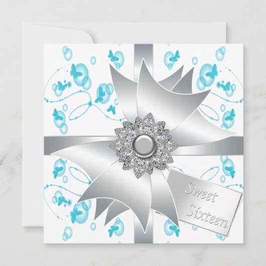 Blauwgroen Bubbels Vlinders Sweet 16 Party Kaart (Voorkant)