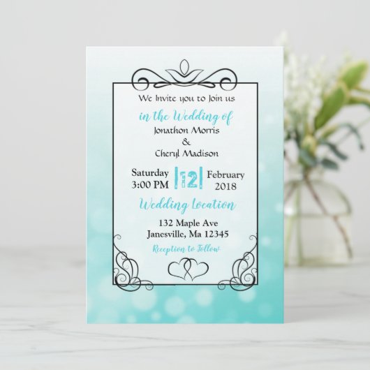 Blauwgroen bubbels zwart script bruiloft uitnodigi kaart (Staand voorkant)