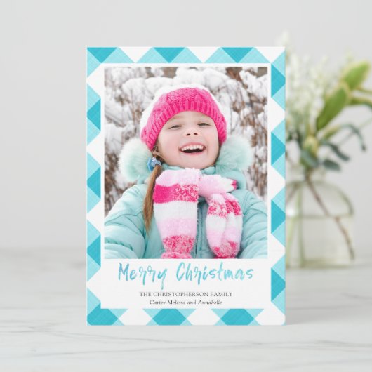 Blauwgroen Buffalo Check Penseel Script VROLIJK KE Feestdagenkaart (Staand voorkant)