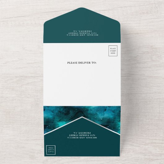 Blauwgroen buitenste ruimtevaart all in one uitnodiging (Buitenkant)