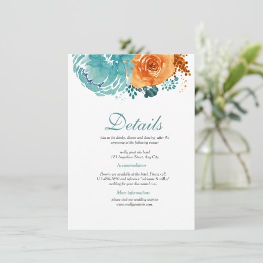 Blauwgroen Bunrt Sinaasappel Bloemen Herfst Trouwd Informatiekaartje (Staand voorkant)