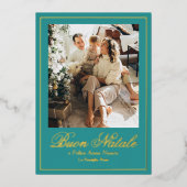 Blauwgroen Buon Natale e Felice Anno Nuovo Script Folie Feestdagenkaart (Voorkant)