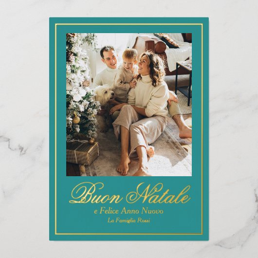 Blauwgroen Buon Natale e Felice Anno Nuovo Script  Folie Feestdagenkaart (Voorkant)