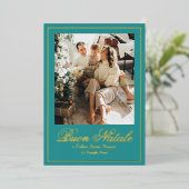 Blauwgroen Buon Natale e Felice Anno Nuovo Script Folie Feestdagenkaart (Staand Voorkant)