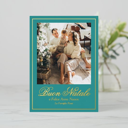 Blauwgroen Buon Natale e Felice Anno Nuovo Script  Folie Feestdagenkaart (Staand Voorkant)