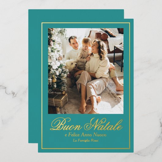 Blauwgroen Buon Natale e Felice Anno Nuovo Script Folie Feestdagenkaart (Voorkant / Achterkant)