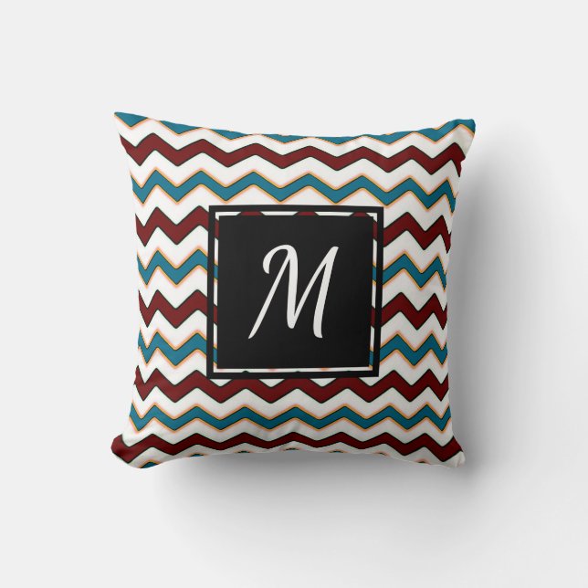 Blauwgroen Burgundy Chevron Monogram Chic Sierkuss Kussen (Voorkant)