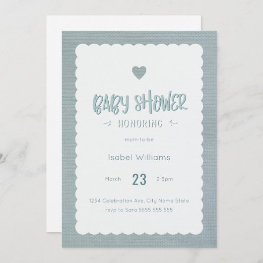 Blauwgroen Burlap Baby shower Uitnodiging - Blank (Voorkant / Achterkant)