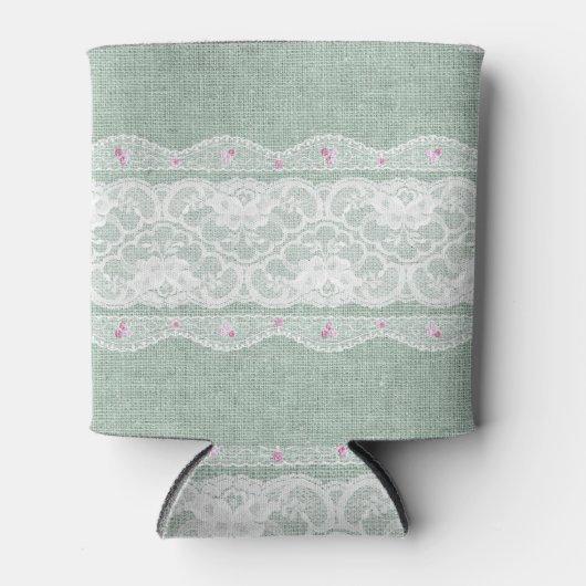 Blauwgroen Burlap en Kant Koelbox Blikjeskoeler (Voorkant)