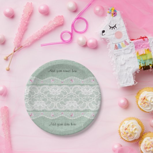 Blauwgroen Burlap en White Lace Paper Bord (Feest)