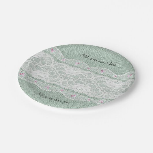 Blauwgroen Burlap en White Lace Paper Bord (Gekanteld)