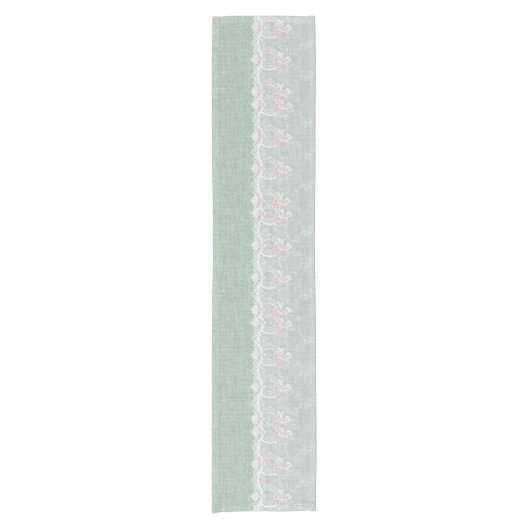 Blauwgroen Burlap en White Lace Table Runner Korte Tafelloper (Voorkant)