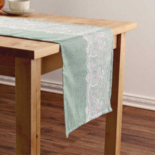Blauwgroen Burlap en White Lace Table Runner Korte Tafelloper (Voorbeeld)