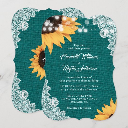 Blauwgroen Burlap Lace Sunflower Wedding Invitting Kaart (Voorkant / Achterkant)