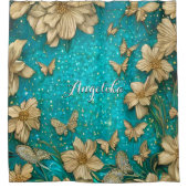 Blauwgroen Butterflies Faux Gold Glitter Aangepast Douchegordijn (Voorkant)