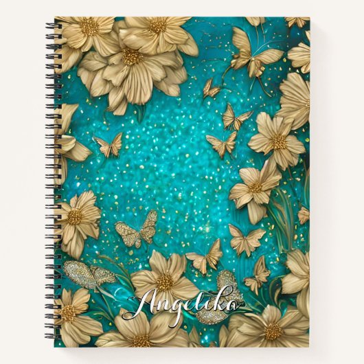 Blauwgroen Butterflies Faux Gold Glitter Aangepast Notitieboek (Voorkant)
