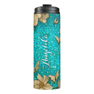 Blauwgroen Butterflies Faux Gold Glitter Aangepast Thermosbeker