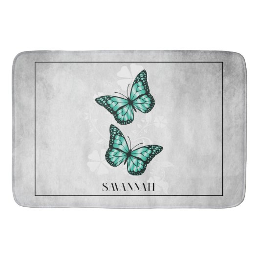 Blauwgroen Butterfly Floral Personalized Bath Mat (Voorkant)