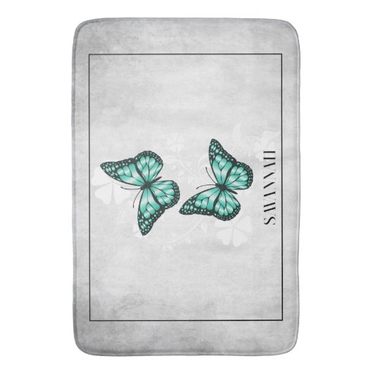 Blauwgroen Butterfly Floral Personalized Bath Mat (Voorkant Verticaal)