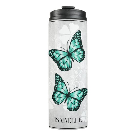 Blauwgroen Butterfly Floral Personalized Thermal T Thermosbeker (Voorkant)