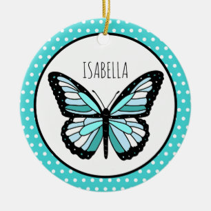 Blauwgroen Butterfly Polka Dots persoonlijke kerst Keramisch Ornament