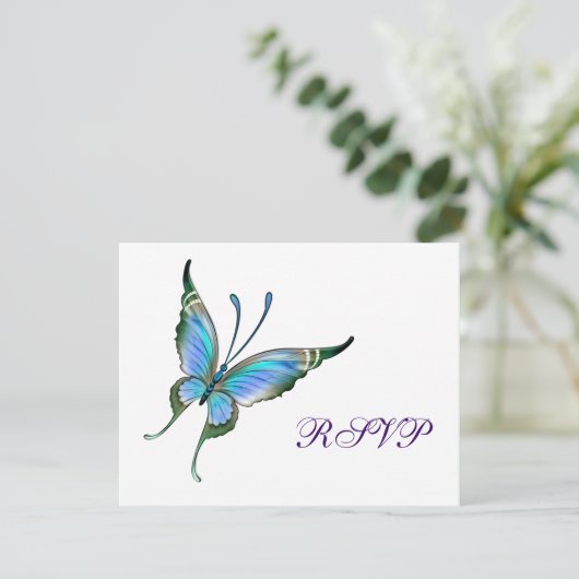 Blauwgroen Butterfly RSVP elke kleur achtergrond (Staand voorkant)