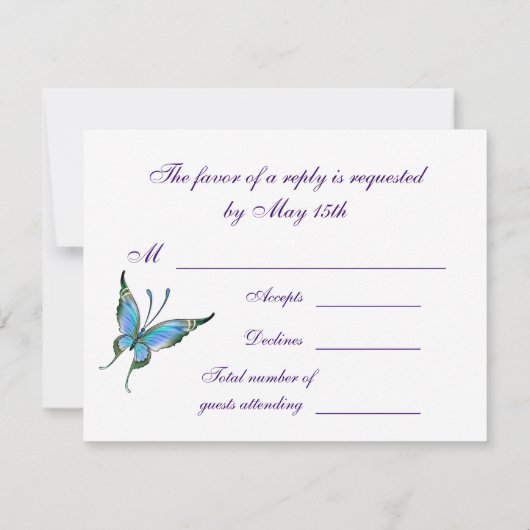 Blauwgroen Butterfly RSVP elke kleur achtergrond (Achterkant)