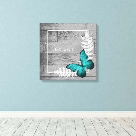 Blauwgroen Butterfly Rustic Canvas Afdrukken (Insitu (Houten vloer))